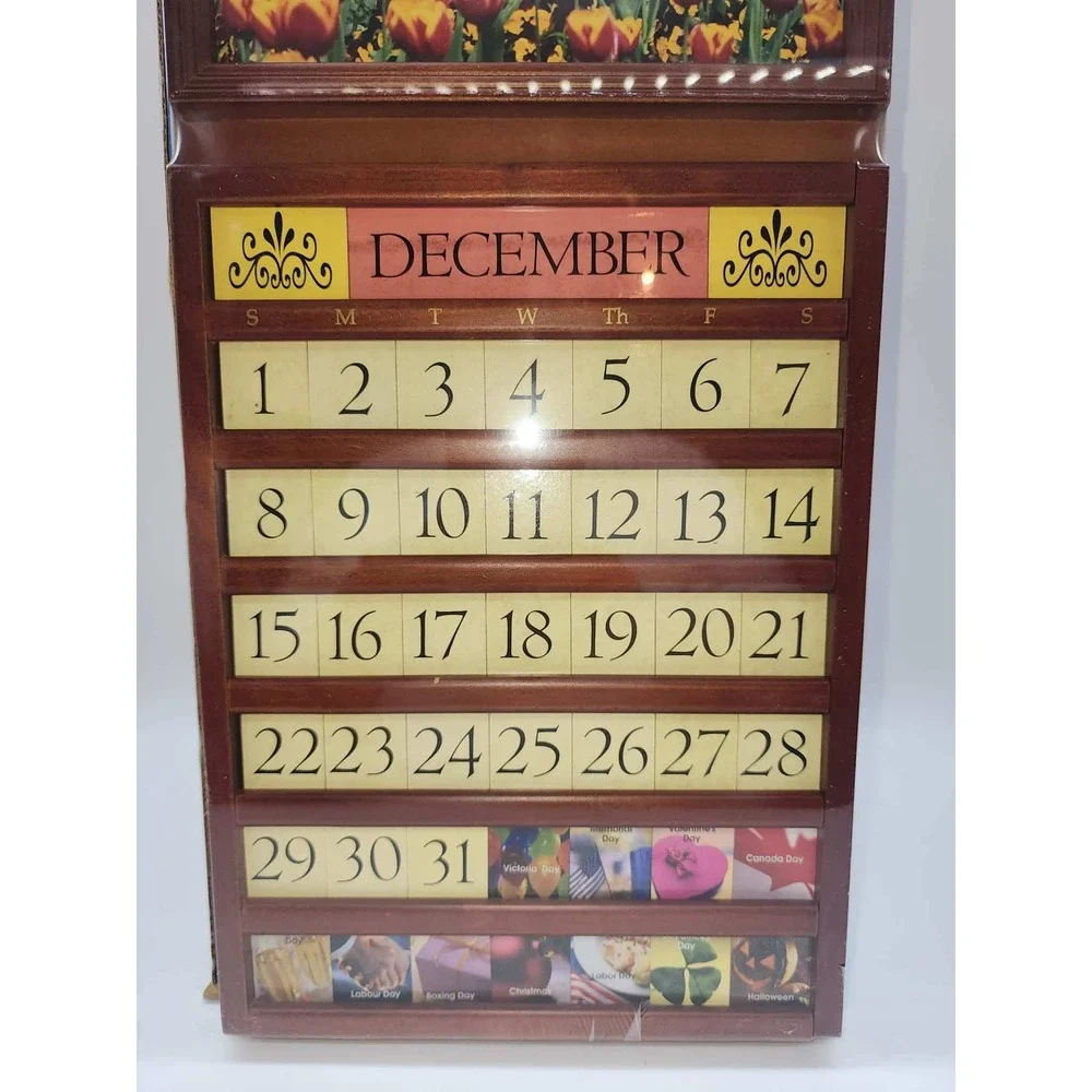 Four Seasons Perpetual Calendar Wooden Wall Decor Interchangeable Tiles Floral